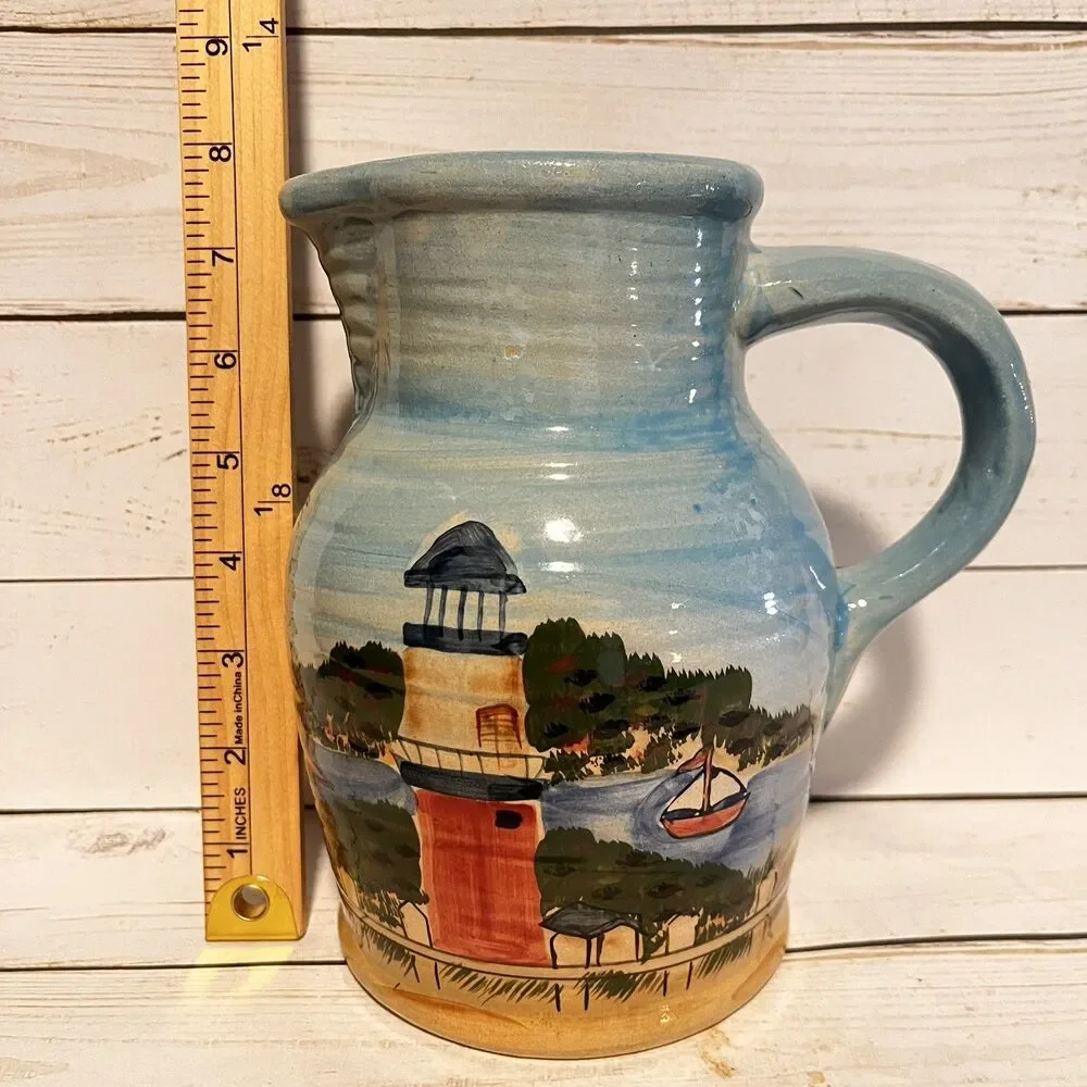 WCL Pottery Jug/Pitcher Painted Nautical Scene Lighthouse Sailboat Coastal 7.75”